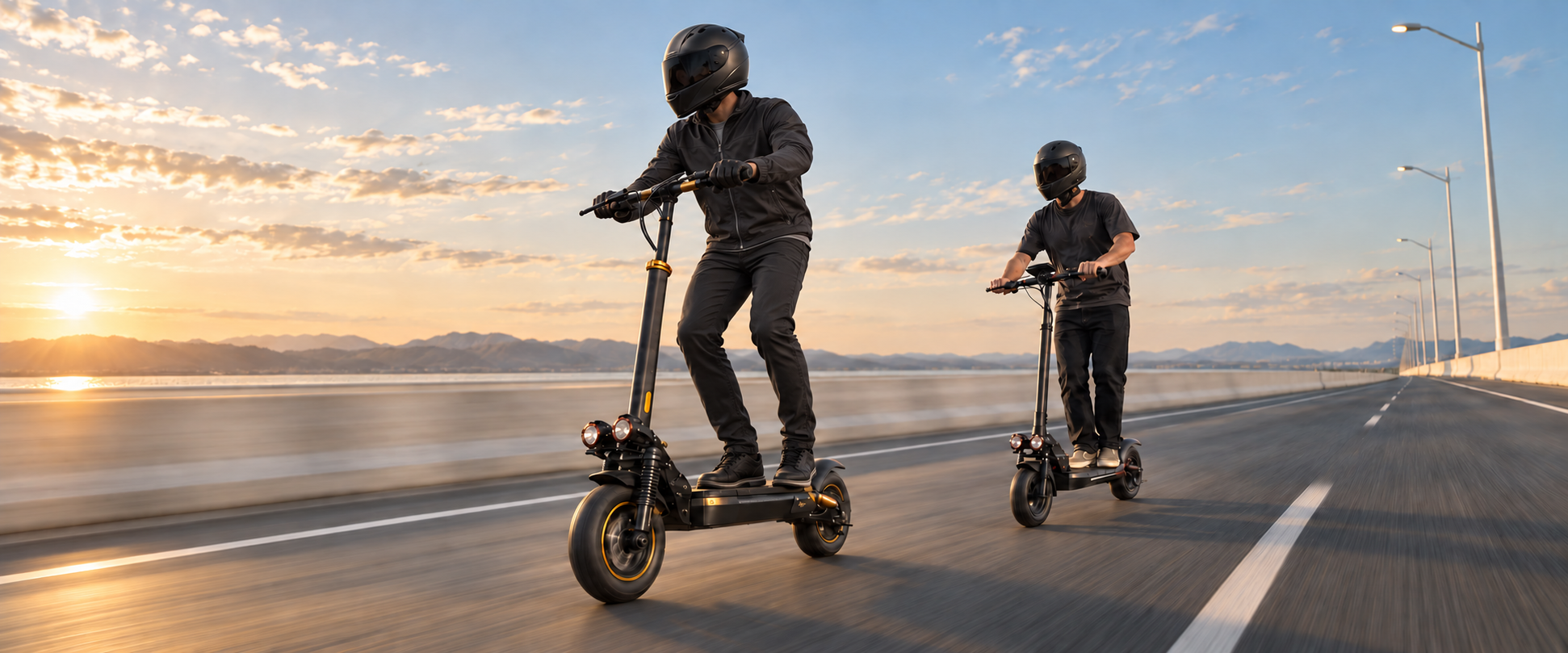 Two riders on OLIZBFOE electric scooters at sunset